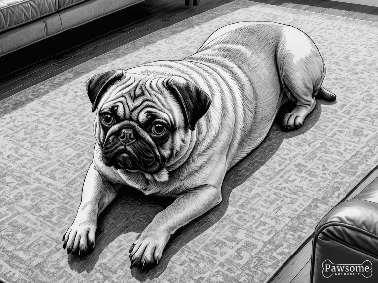 A grayscale illustration of a submissive Pug lying on a rug in a living room looking up.