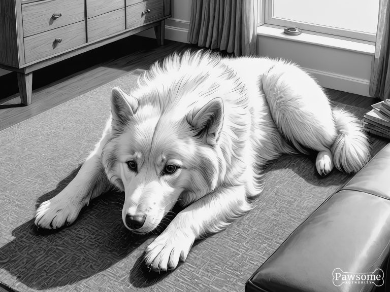 A grayscale illustration of a submissive Samoyed lying on a rug in a living room looking up.