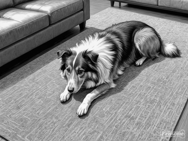 A grayscale illustration of a submissive Shetland Sheepdog lying on a rug in a living room looking up.