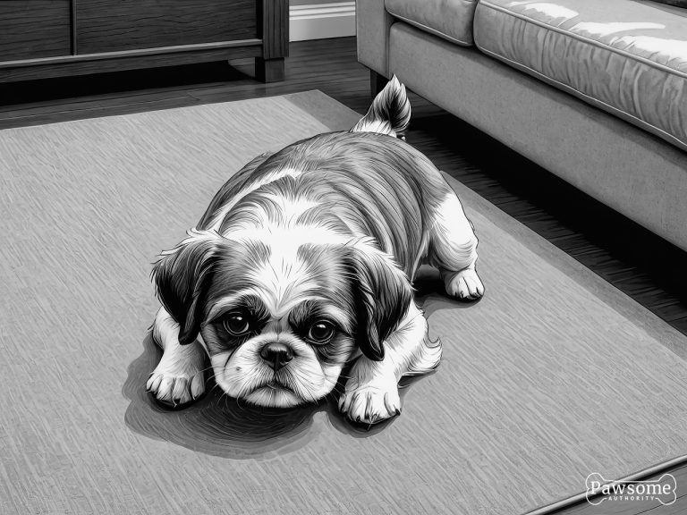 A grayscale illustration of a submissive Shih Tzu lying on a rug in a living room looking up.