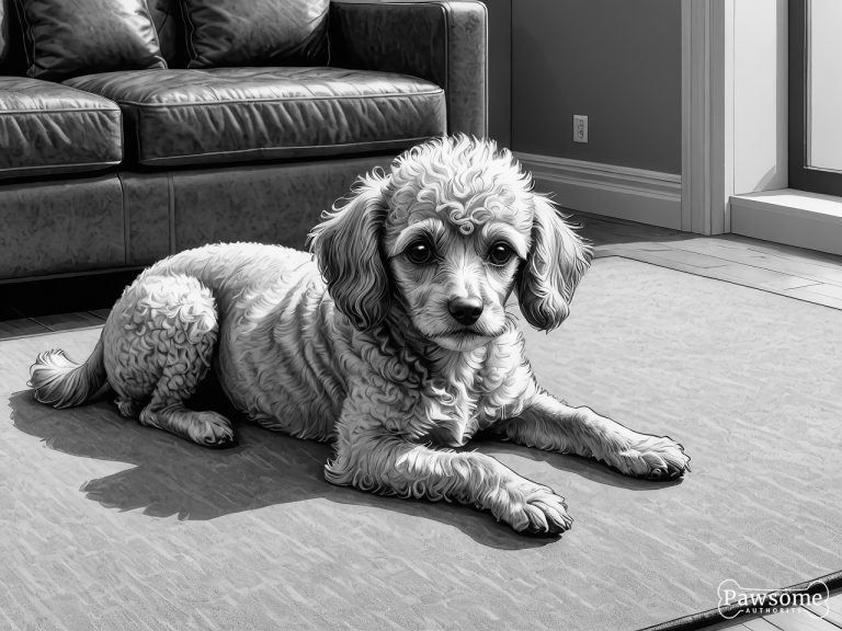 A grayscale illustration of a submissive Toy Poodle lying on a rug in a living room looking up.