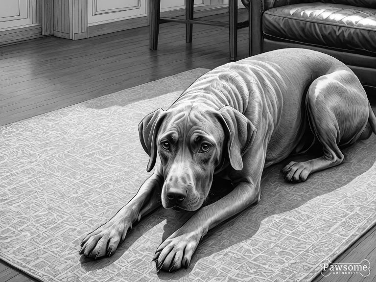 A grayscale illustration of a submissive Weimaraner lying on a rug in a living room looking up.