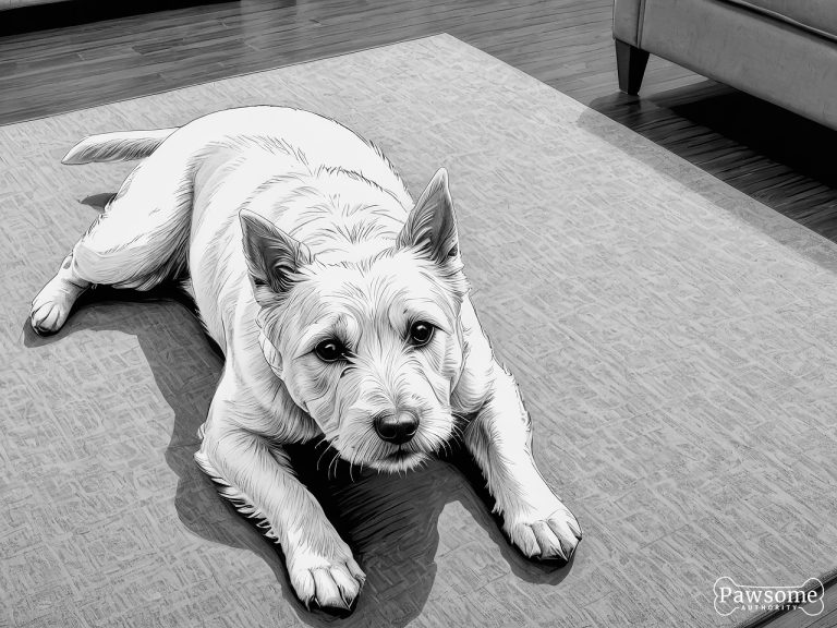 A grayscale illustration of a submissive West Highland White Terrier lying on a rug in a living room looking up.