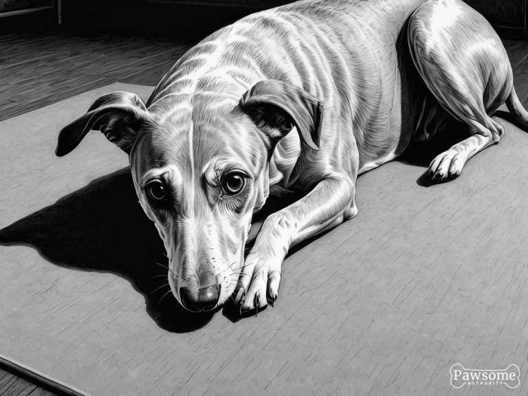 A grayscale illustration of a submissive Whippet lying on a rug in a living room looking up.