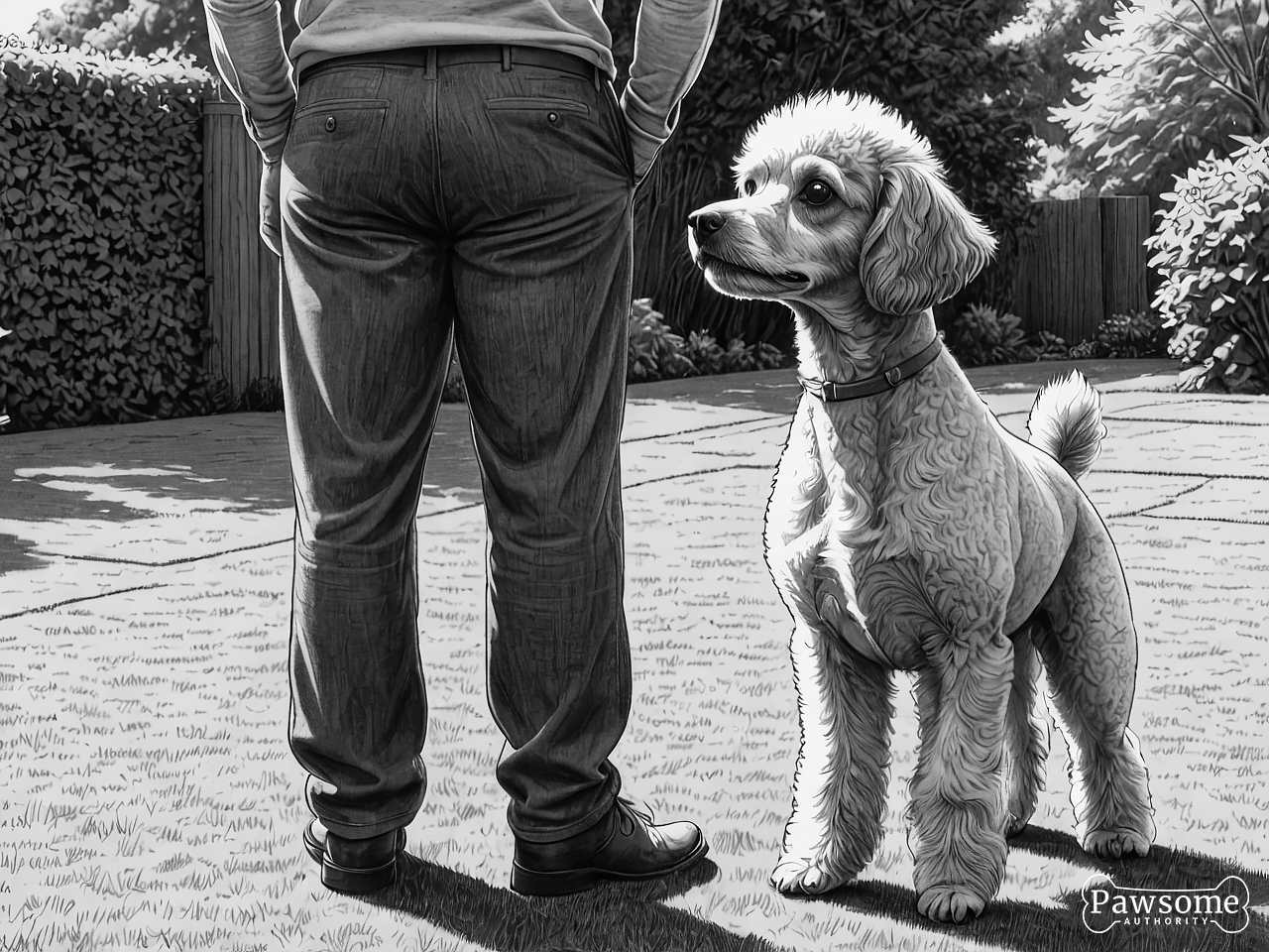 A grayscale illustration of a Toy Poodle beside its owner during an obedience training session in a yard on a sunny day.