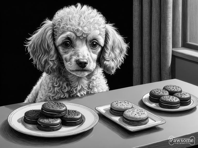 A grayscale illustration of a Toy Poodle demonstrating focus and impulse control in the presence of delectable sweets.