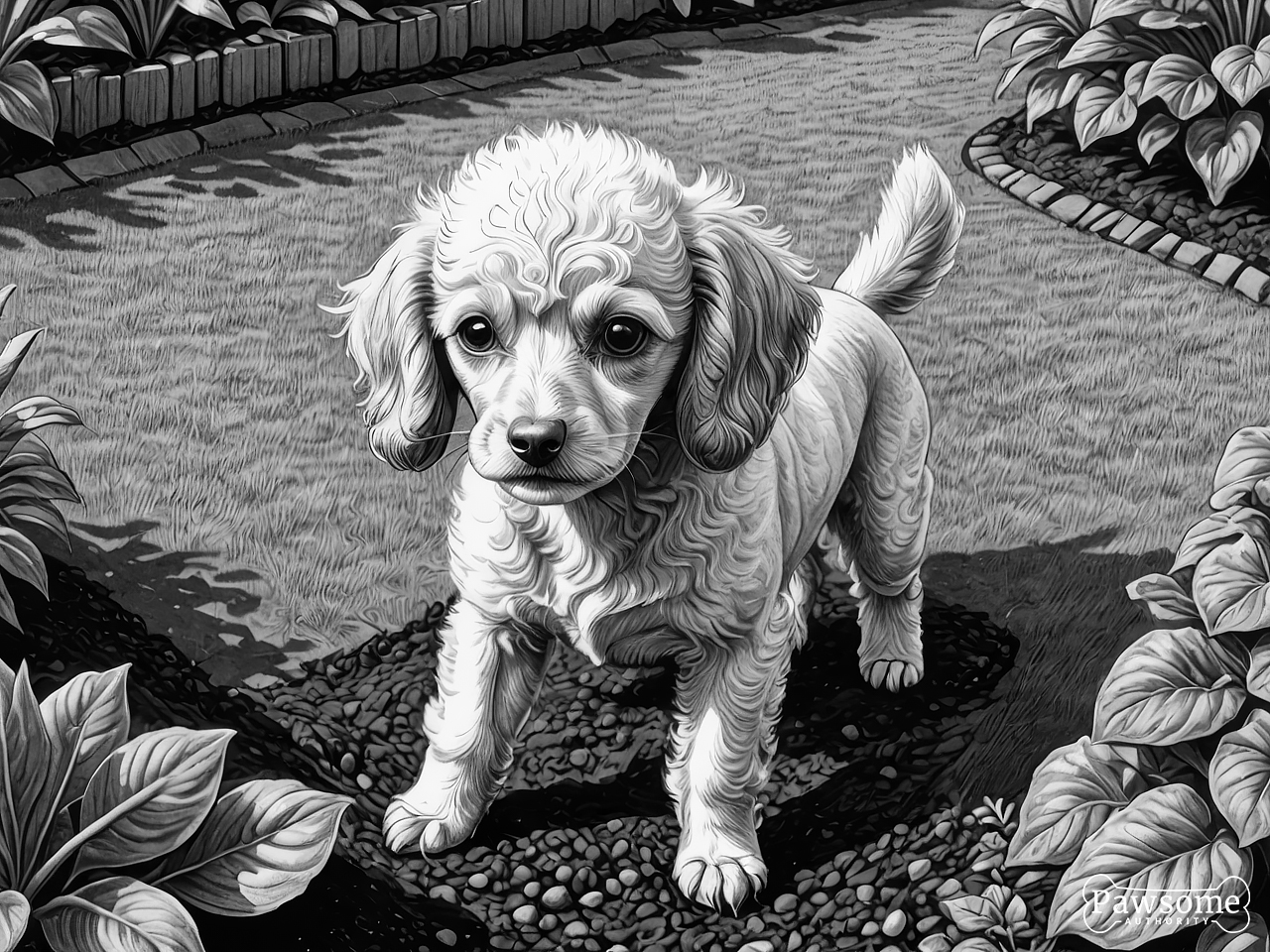 A grayscale illustration of a Toy Poodle digging a hole in a garden on a bright and sunny day.