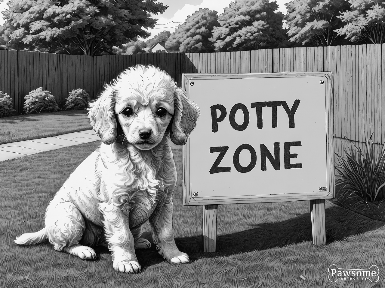 A grayscale illustration of a Toy Poodle puppy sitting in a designated potty area in a yard with a sign that reads “Potty Zone”.