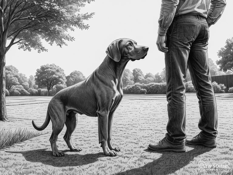 A grayscale illustration of a Vizsla beside its owner during an obedience training session in a yard on a sunny day.