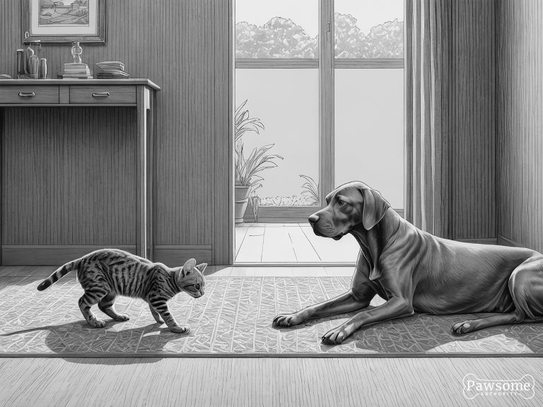 A grayscale illustration of a Vizsla socializing with a cat on a rug in a living room.