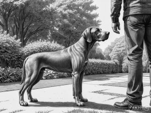 A grayscale illustration of a Weimaraner beside its owner during an obedience training session in a yard on a sunny day.
