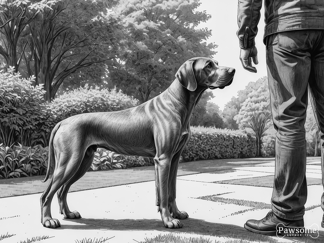 A grayscale illustration of a Weimaraner beside its owner during an obedience training session in a yard on a sunny day.