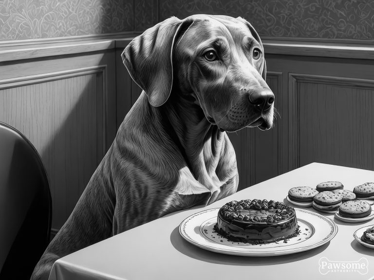 A grayscale illustration of a Weimaraner demonstrating focus and impulse control in the presence of delectable sweets.