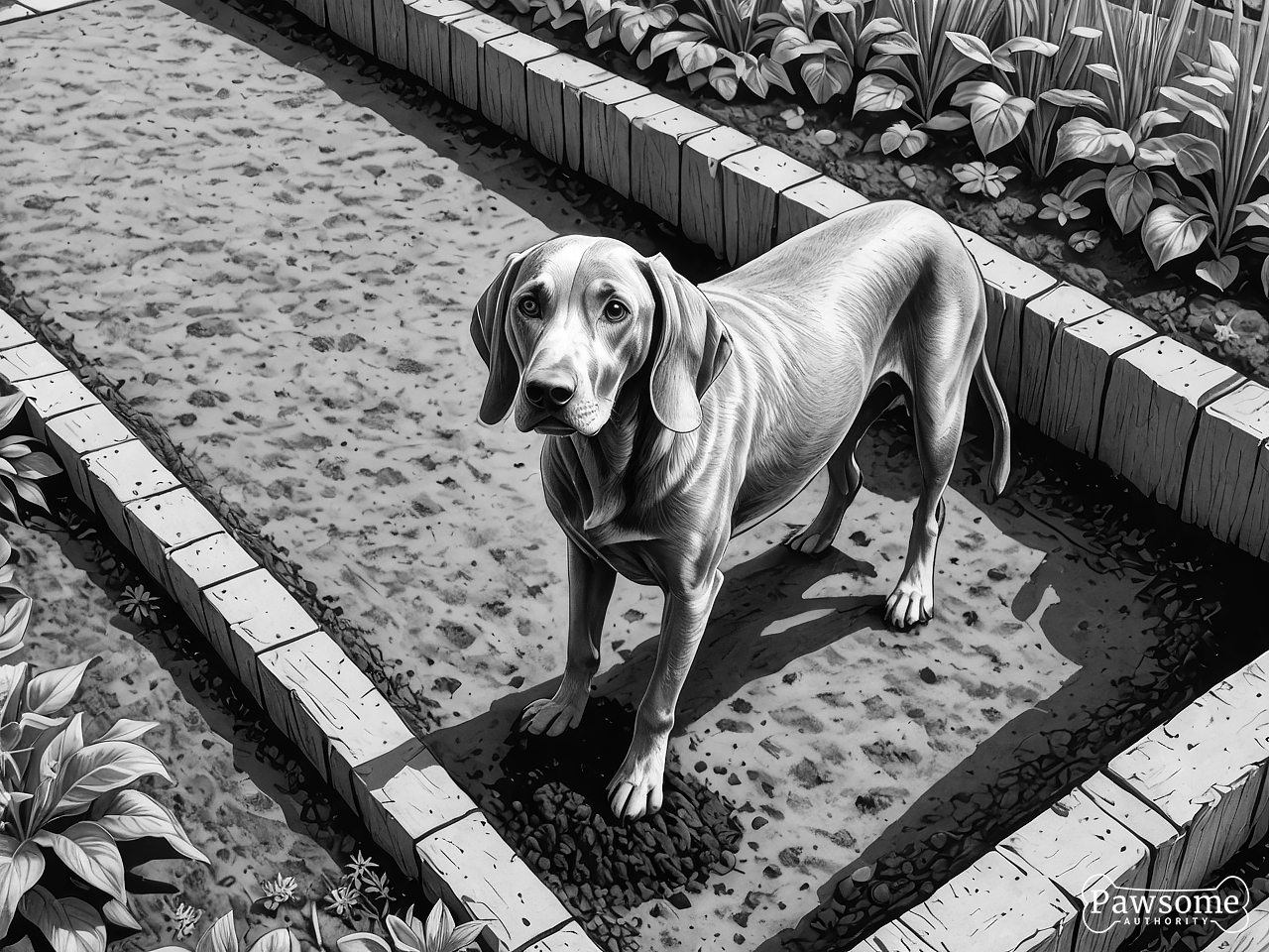 A grayscale illustration of a Weimaraner digging a hole in a garden on a bright and sunny day.