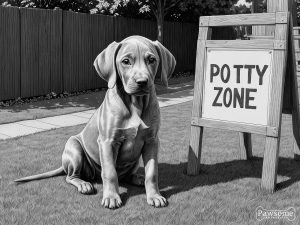 A grayscale illustration of a Weimaraner puppy sitting in a designated potty area in a yard with a sign that reads “Potty Zone”.
