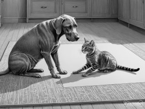 A grayscale illustration of a Weimaraner socializing with a cat on a rug in a living room.