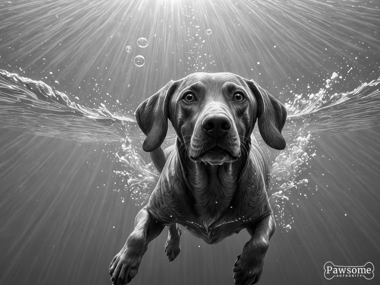 A grayscale illustration of a Weimaraner swimming underwater on a bright and sunny day with light rays piercing through.