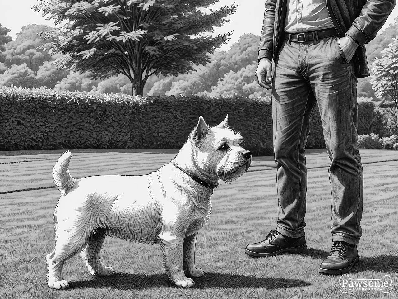 A grayscale illustration of a West Highland White Terrier beside its owner during an obedience training session in a yard on a sunny day.