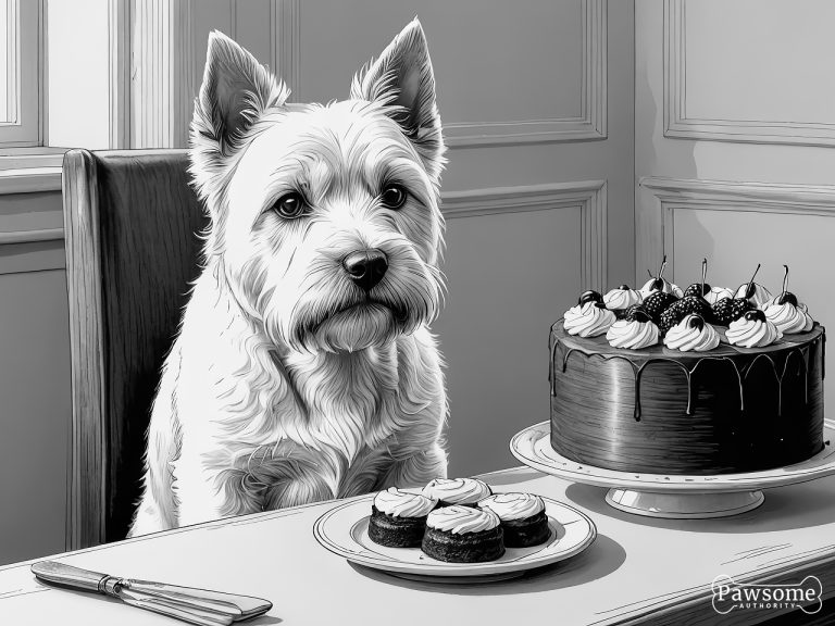 A grayscale illustration of a West Highland White Terrier demonstrating focus and impulse control in the presence of delectable sweets.