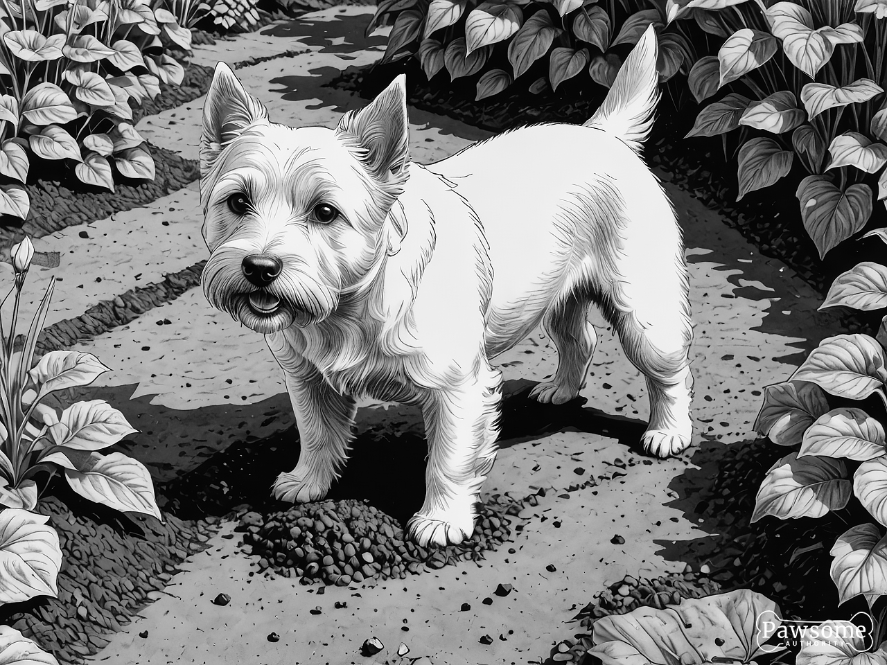 A grayscale illustration of a West Highland White Terrier digging a hole in a garden on a bright and sunny day.