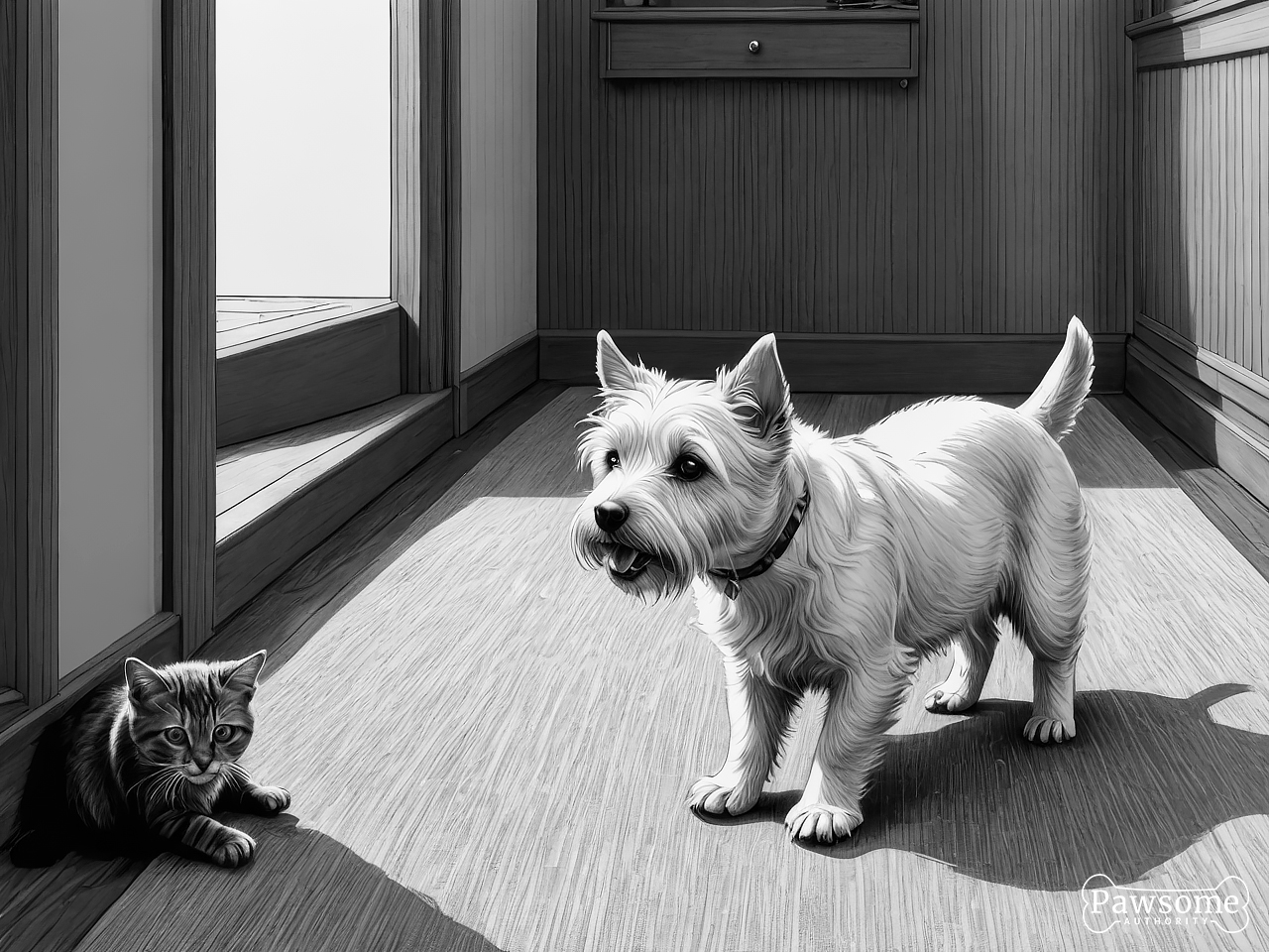 A grayscale illustration of a West Highland White Terrier socializing with a cat on a rug in a living room.