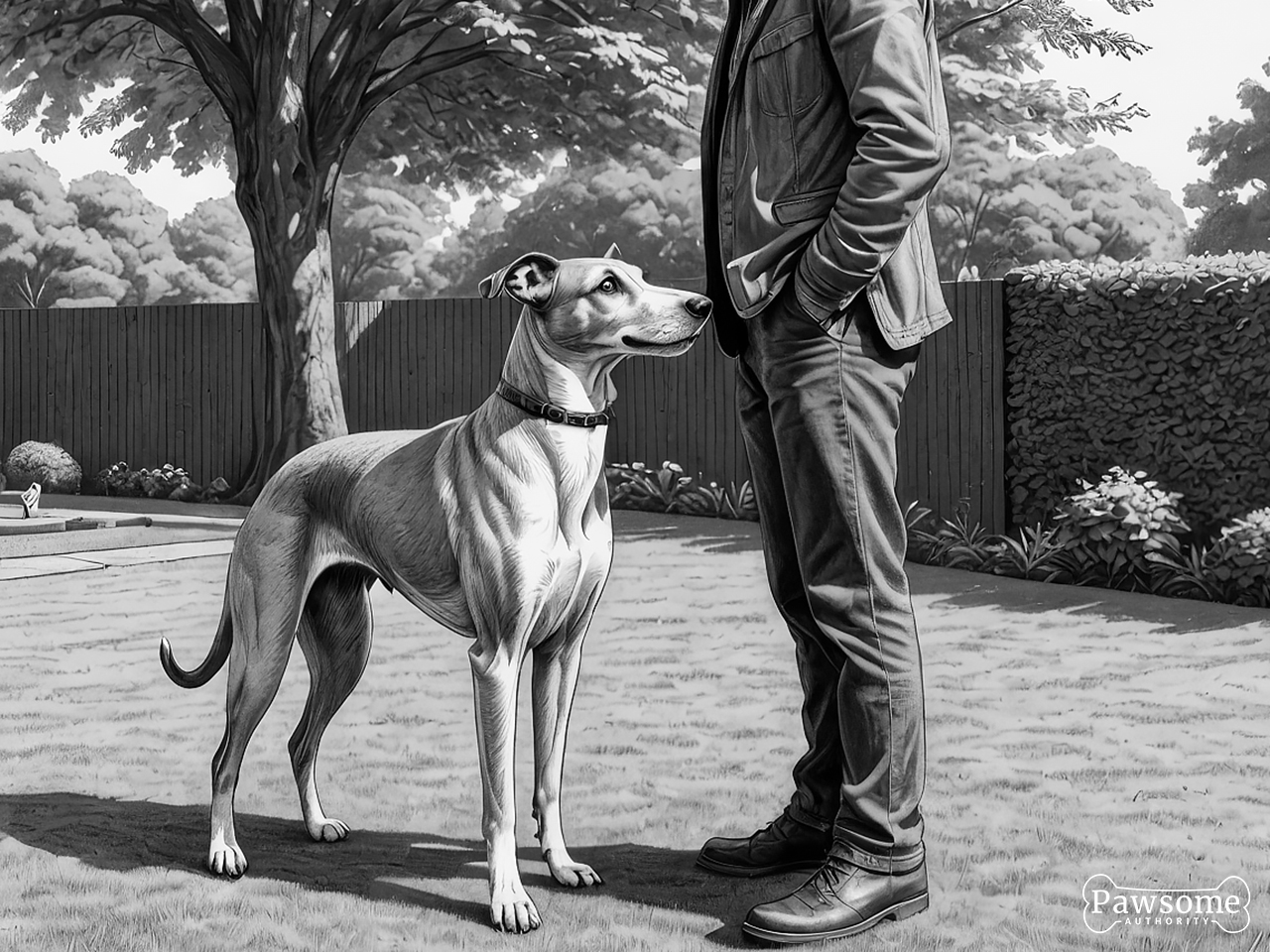 A grayscale illustration of a Whippet beside its owner during an obedience training session in a yard on a sunny day.