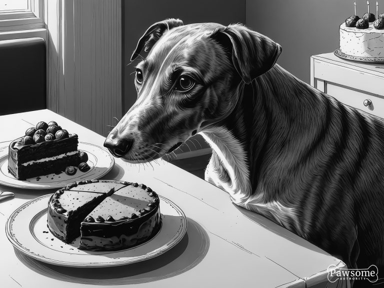 A grayscale illustration of a Whippet demonstrating focus and impulse control in the presence of delectable sweets.