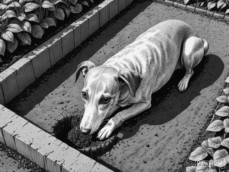 A grayscale illustration of a Whippet digging a hole in a garden on a bright and sunny day.
