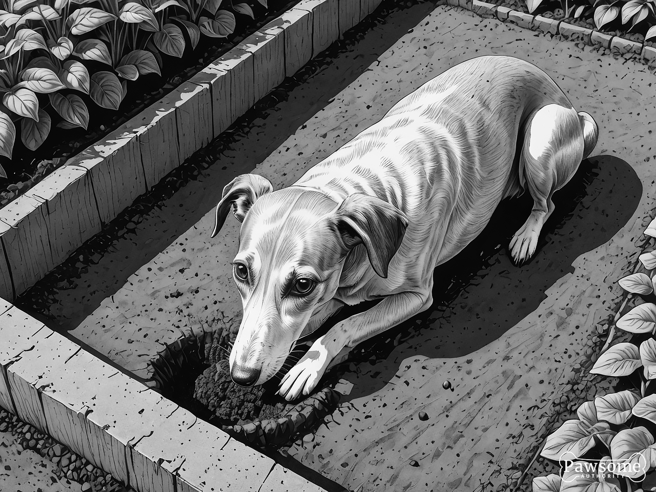 A grayscale illustration of a Whippet digging a hole in a garden on a bright and sunny day.