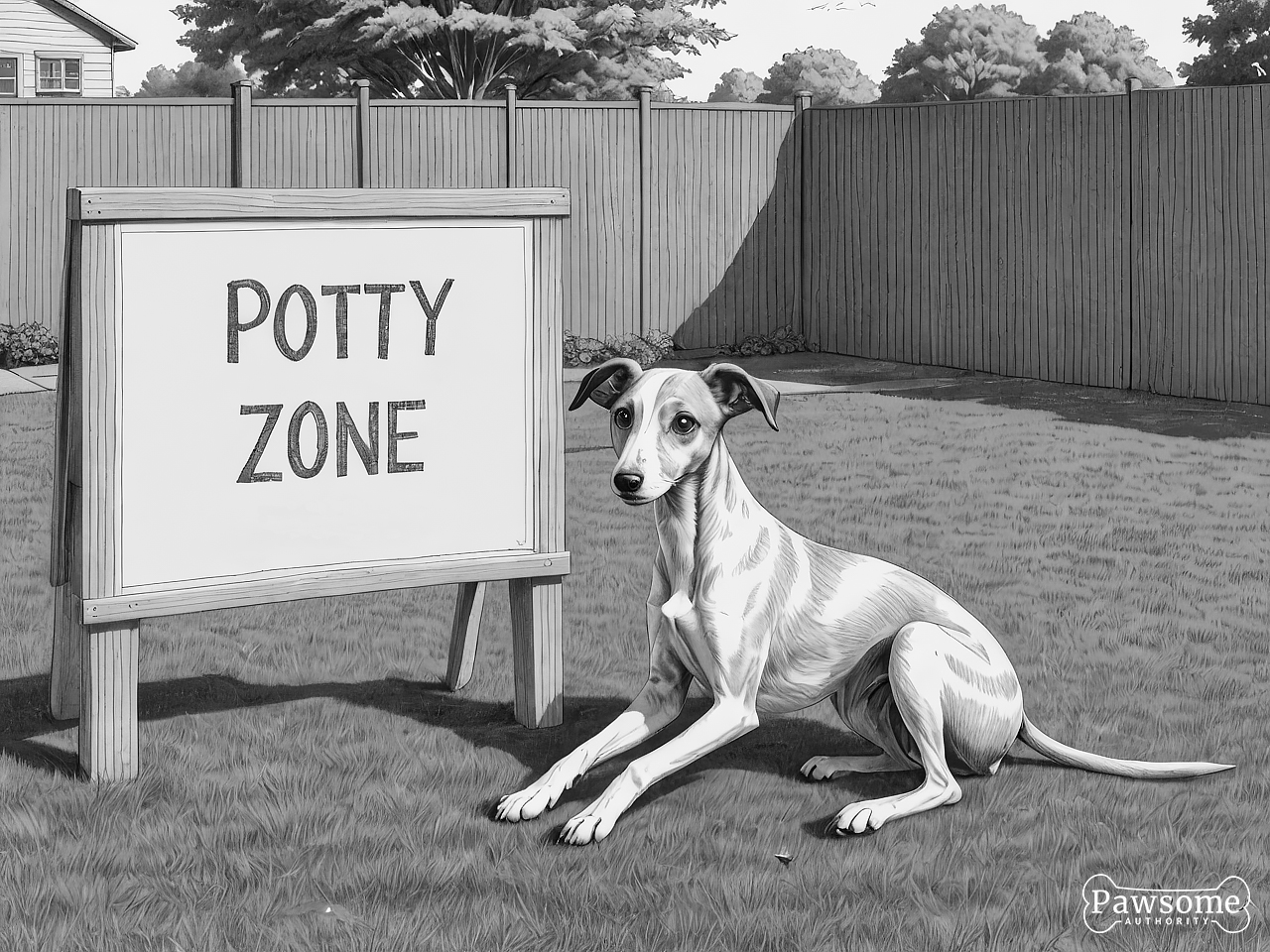 A grayscale illustration of a Whippet puppy sitting in a designated potty area in a yard with a sign that reads “Potty Zone”.