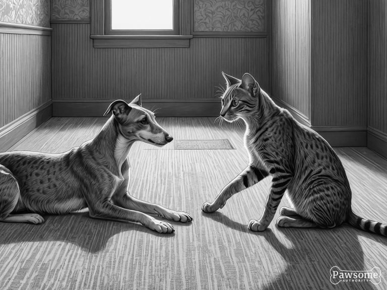 A grayscale illustration of a Whippet socializing with a cat on a rug in a living room.