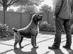 A grayscale illustration of a Wirehaired Pointing Griffon beside its owner during an obedience training session in a yard on a sunny day.