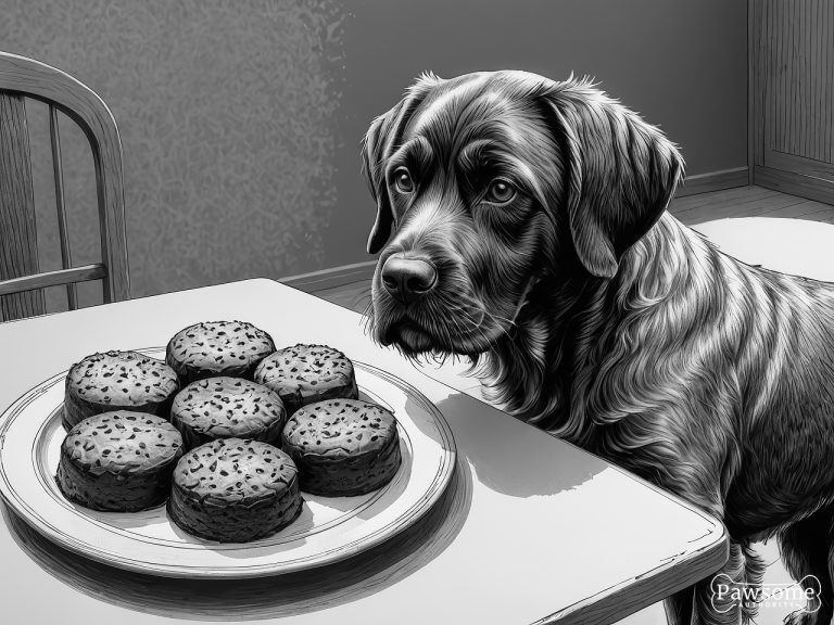 A grayscale illustration of a Wirehaired Pointing Griffon demonstrating focus and impulse control in the presence of delectable sweets.