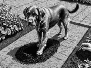 A grayscale illustration of a Wirehaired Pointing Griffon digging a hole in a garden on a bright and sunny day.
