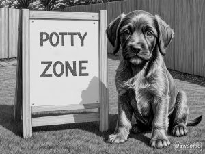 A grayscale illustration of a Wirehaired Pointing Griffon puppy sitting in a designated potty area in a yard with a sign that reads “Potty Zone”.