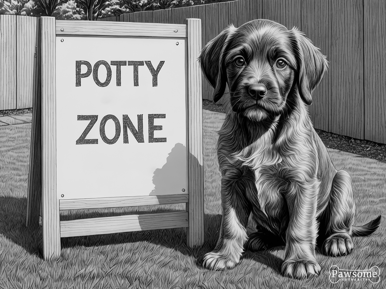 A grayscale illustration of a Wirehaired Pointing Griffon puppy sitting in a designated potty area in a yard with a sign that reads “Potty Zone”.