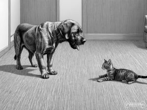 A grayscale illustration of a Wirehaired Pointing Griffon socializing with a cat on a rug in a living room.
