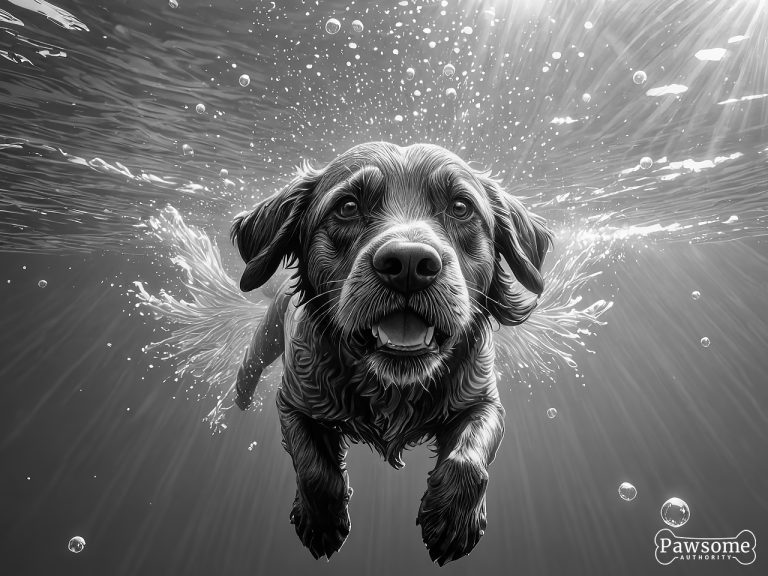 A grayscale illustration of a Wirehaired Pointing Griffon swimming underwater on a bright and sunny day with light rays piercing through.