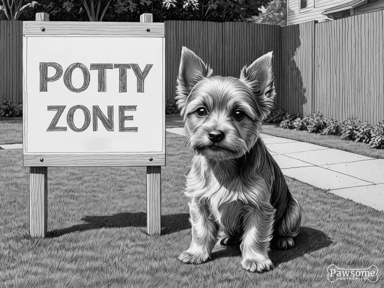 A grayscale illustration of a Yorkshire Terrier puppy sitting in a designated potty area in a yard with a sign that reads “Potty Zone”.