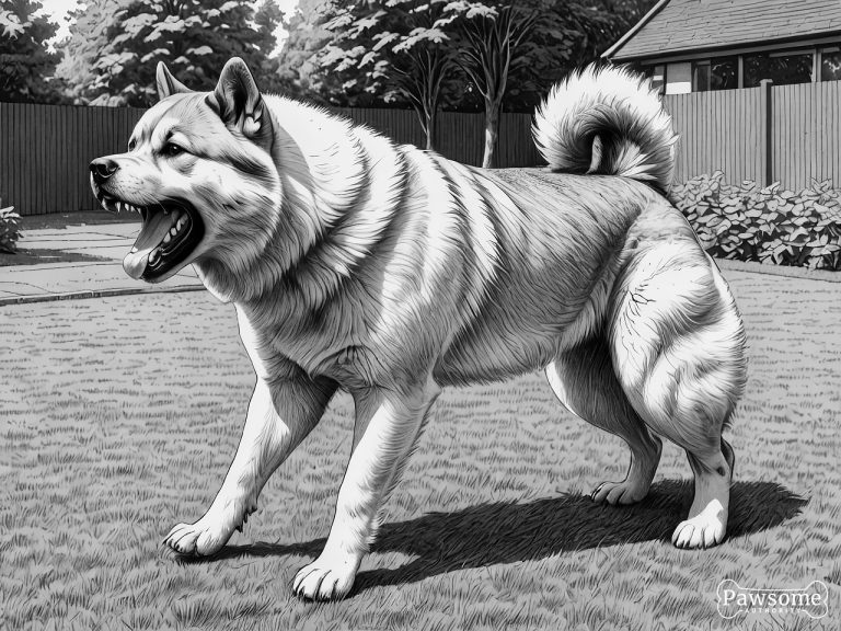A grayscale illustration of an aggressive Akita growling and showing teeth in a yard.
