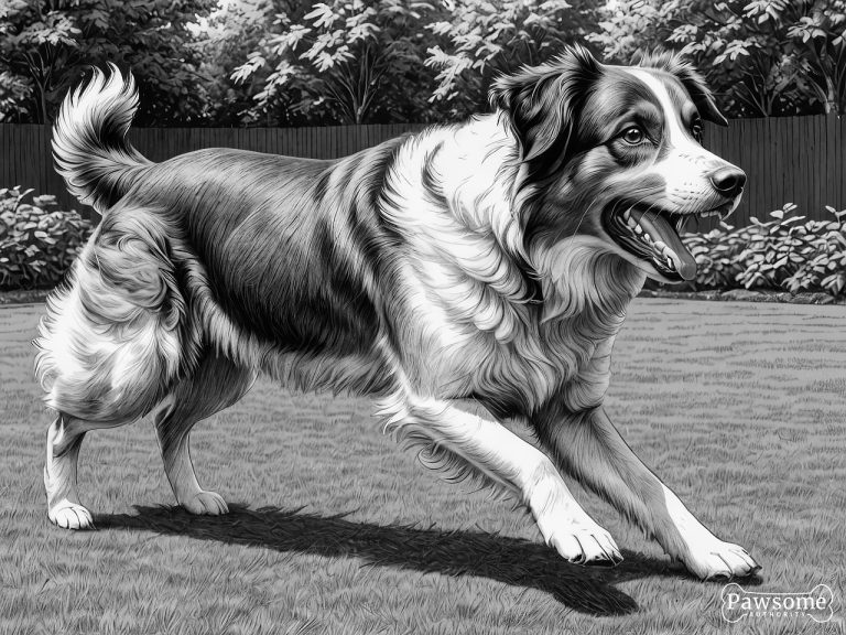 A grayscale illustration of an aggressive Australian Shepherd growling and showing teeth in a yard.