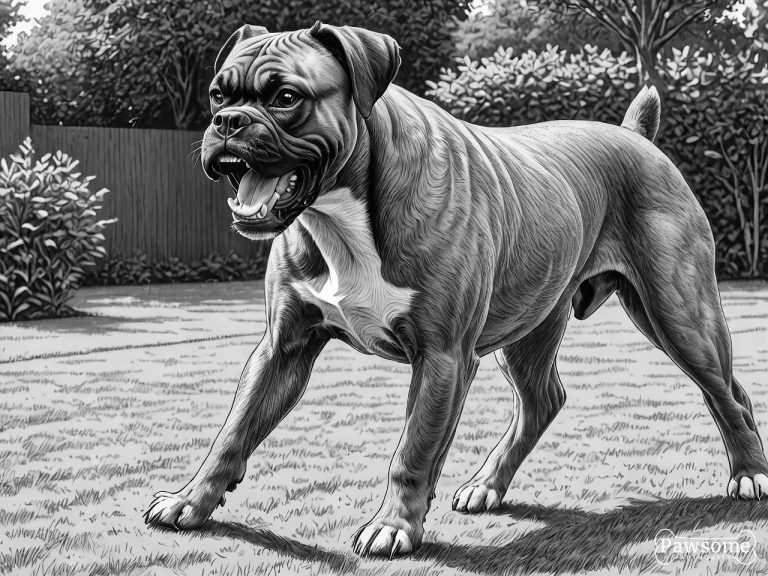 A grayscale illustration of an aggressive Boxer growling and showing teeth in a yard.