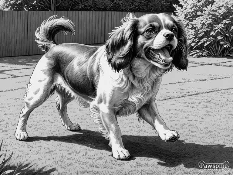 A grayscale illustration of an aggressive Cavalier King Charles Spaniel growling and showing teeth in a yard.