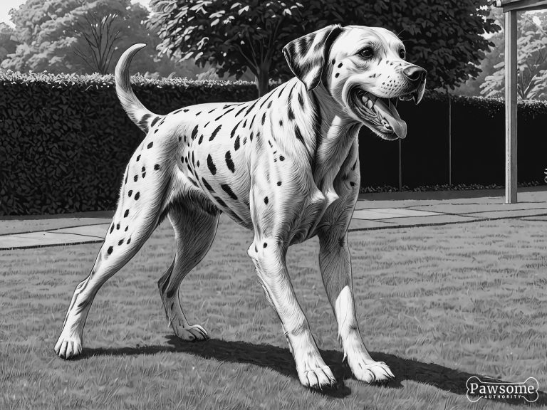 A grayscale illustration of an aggressive Dalmatian growling and showing teeth in a yard.