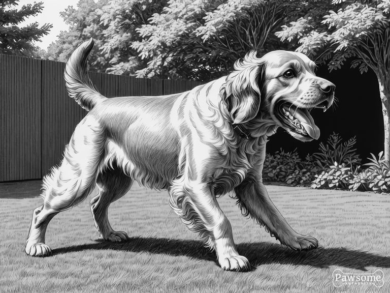 A grayscale illustration of an aggressive English Cocker Spaniel growling and showing teeth in a yard.