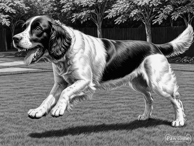 A grayscale illustration of an aggressive English Springer Spaniel growling and showing teeth in a yard.