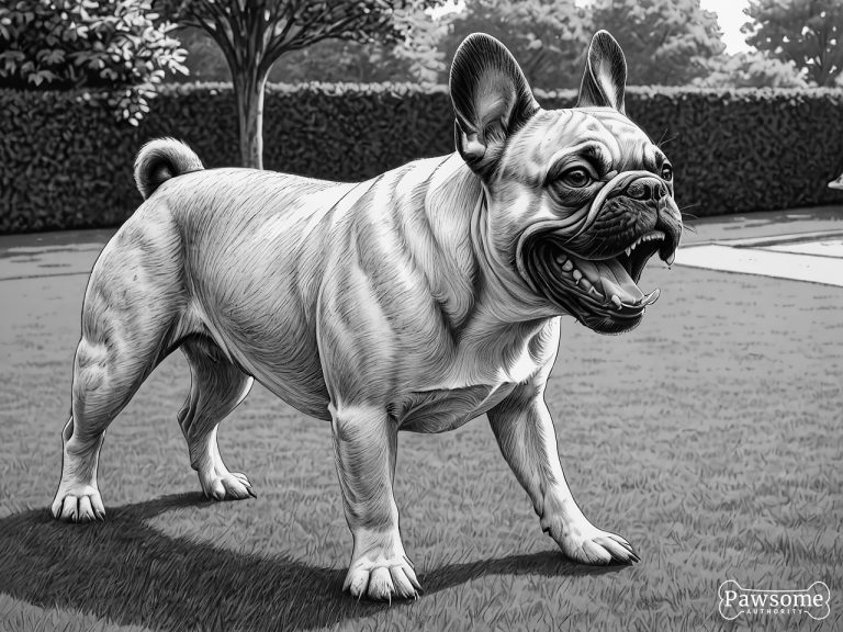 A grayscale illustration of an aggressive French Bulldog growling and showing teeth in a yard.
