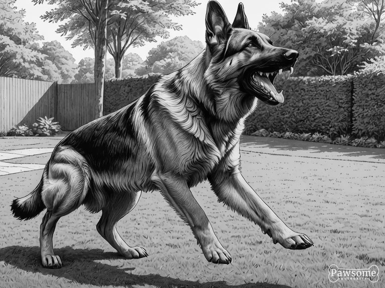 A grayscale illustration of an aggressive German Shepherd growling and showing teeth in a yard.