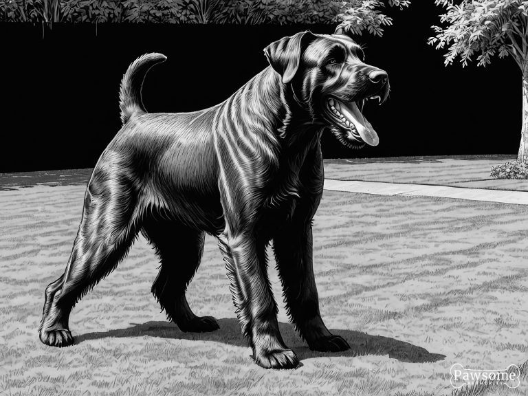 A grayscale illustration of an aggressive Giant Schnauzer growling and showing teeth in a yard.