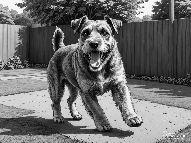 A grayscale illustration of an aggressive Miniature Schnauzer growling and showing teeth in a yard.